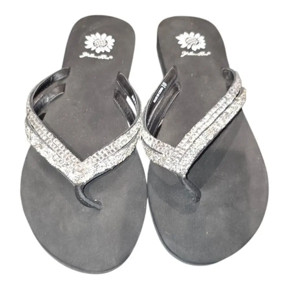 Yellow Box Black Rhinestone Embellished Flip Flops Sandals Size 10